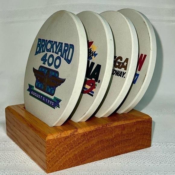 Coasters NASCAR Brickyard 400 August 1995 Stoneware Set of 4 Oak Rack EUC - Picture 3 of 9
